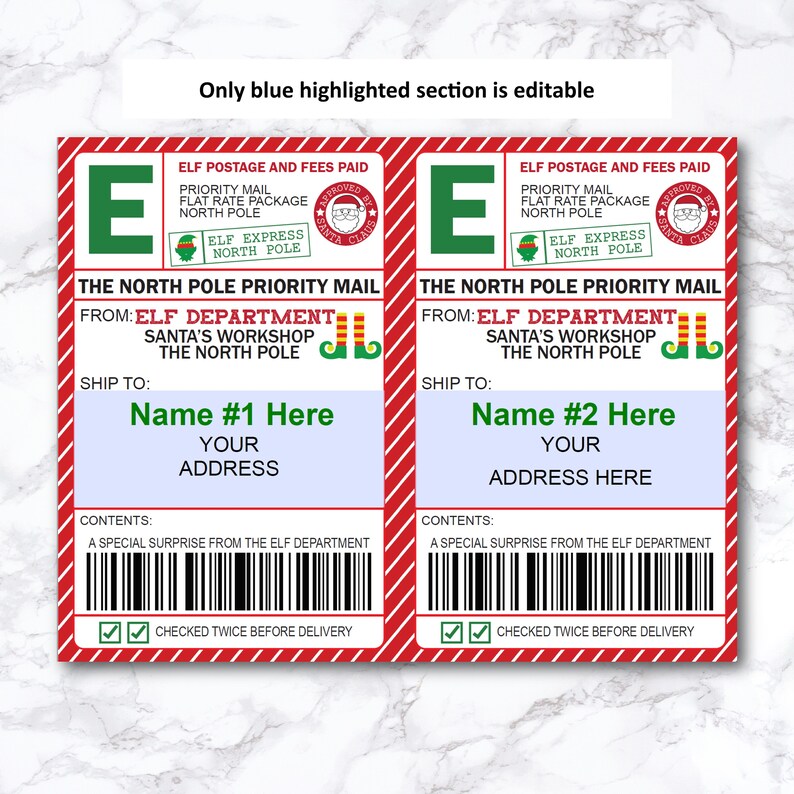 May include: A red and white striped background with two green and white elf-themed labels. The labels have the text "ELF POSTAGE AND FEES PAID" and "THE NORTH POLE PRIORITY MAIL". The labels are for shipping packages from Santa's Workshop at the North Pole. The labels have space for the recipient's name and address.