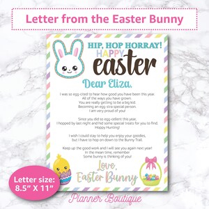 K&ouml;nnte beinhalten: Ein druckbarer Brief vom Osterhasen an ein Kind namens Eliza. Der Brief ist mit Pastellfarben und Ostern-Grafiken verziert. Der Brief enth&auml;lt den Text "HIP, HOP HORRAY! Frohe Ostern" und "Liebe, Osterhase".