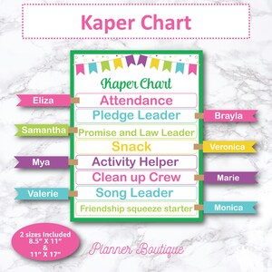 May include: A green and pink chart with the title "Kaper Chart" and a list of roles for a group activity. The roles include Attendance, Pledge Leader, Promise and Law Leader, Snack, Activity Helper, Clean up Crew, Song Leader, and Friendship squeeze starter. The chart is designed for a group of girls and includes the names of the girls who will be assigned to each role.