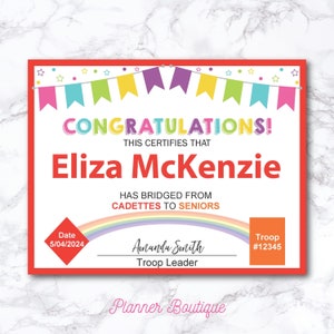 Editable Cadette to Senior Bridging Certificate for Award bridging ceremony Cadettes to Seniors Certificate Printable Girl Troop Leader