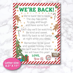 Könnte beinhalten: Ein weihnachtliches Schreiben mit dem Text "WE'RE BACK!" in Grün. Der Brief enthält ein Gedicht, Lebkuchenmänner, einen Weihnachtsbaum und Zuckerstangen. Die Briefgröße beträgt 21,6 cm x 27,9 cm.