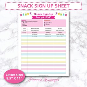 Bewerkbaar snackaanmeldingsbladlogboek met allergie en suggesties Afdrukbare planner meisjestroepleider Directe download Wekelijkse grafiek Maandelijks evenement