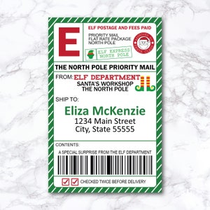 Verzendlabel Elf Mail bewerkbaar, kerstmanpost, Elf Mail, Noordpool-bezorgtag, label aankomstdoos, elfenactiviteit, digitale directe download