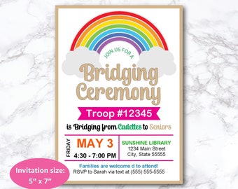 Bridging Ceremony Invitation green printable, Rainbow, editable, Instant download, Girl Scout Troop Leader, PDF Adobe Reader template