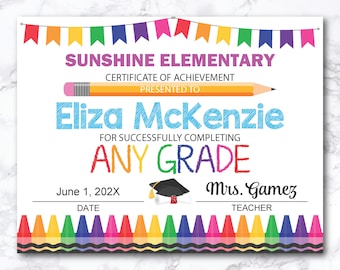 Fillable any grade Diploma, elementary Graduation, School Certificate, Printable Graduation Certificate, Achievement