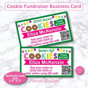 May include: Two cookie fundraiser business cards. The cards are green with pink and yellow accents. The cards have the text "COOKIES" and "Eliza McKenzie". The cards are 3.5" x 2" in size.