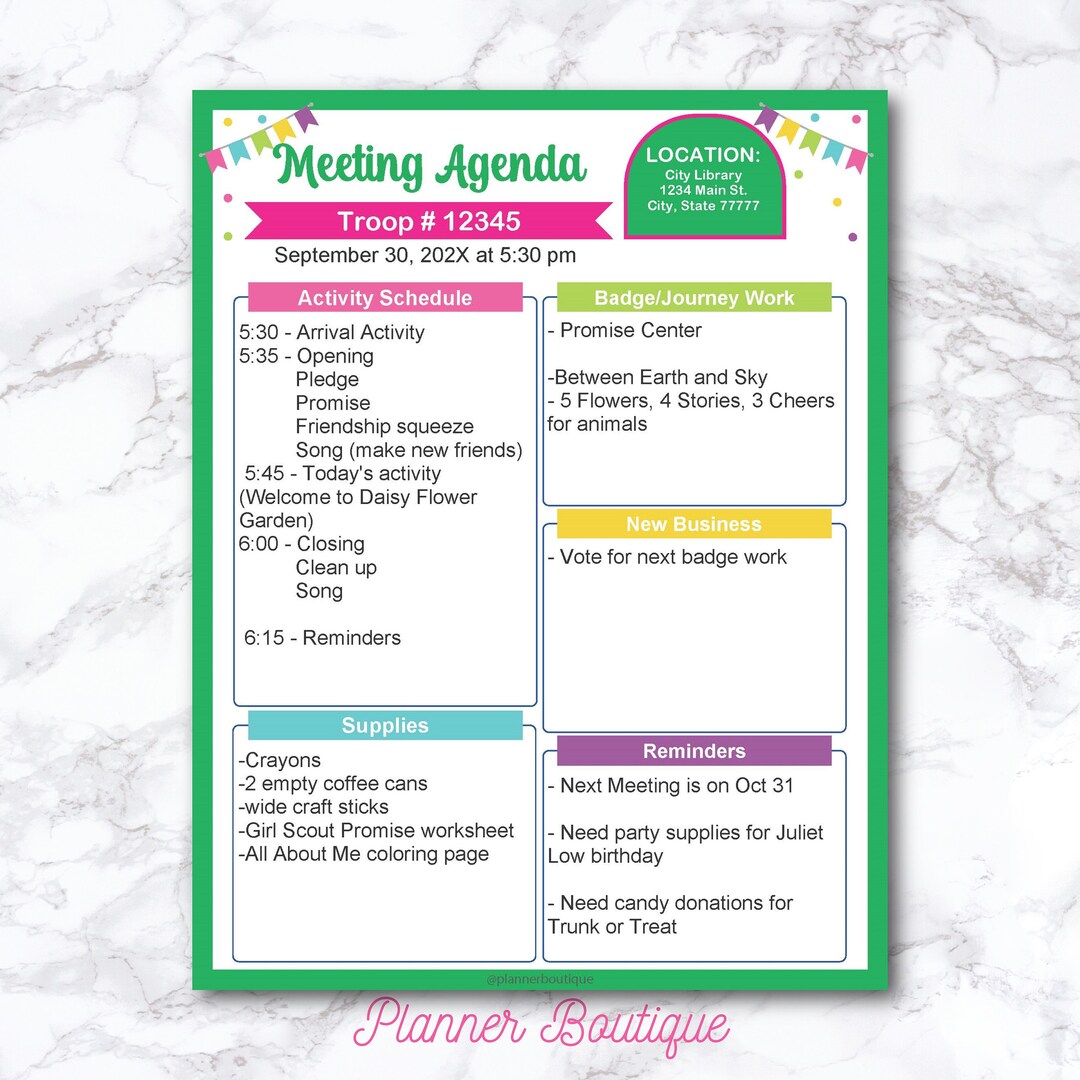 Meeting Agenda Editable Printable Troop Leader Activity Planner Log ...