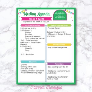 Vergaderingsagenda Bewerkbare afdrukbare troepenleider Activiteitenplanner Logboek Vergadering Tracker Formulieren Wekelijkse badgebladgrafiek Maandelijks evenement