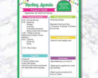 Meeting Agenda Editable Printable Troop Leader Activity Planner Log Meeting Tracker Forms Weekly Badge Sheet Chart Monthly Event