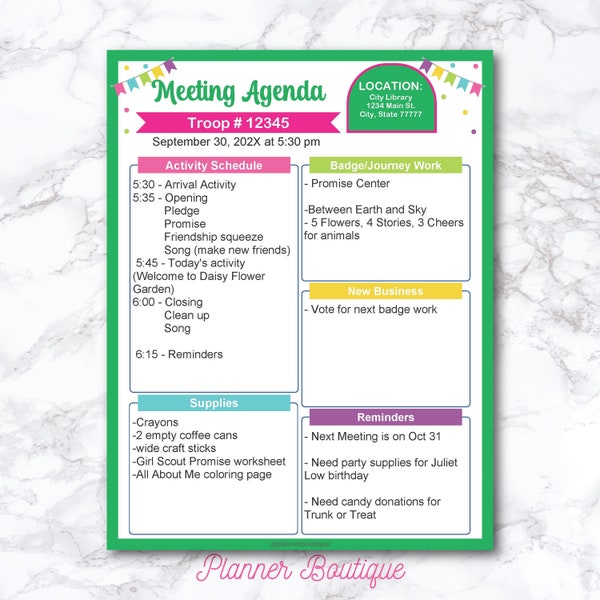 Meeting Agenda Editable Printable Troop Leader Activity Planner Log Meeting Tracker Forms Weekly Badge Sheet Chart Monthly Event
