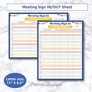 Bearbeitbares Meeting Abmelden Blatt Printable Pack Den Anführer Anwesenheitsliste Eltern Name Zeit Tracker Ereignistabelle Ablaufplan Cubs Lion Master