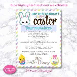 K&ouml;nnte beinhalten: Eine druckbare Osterkarte mit einem Hasen und einem K&uuml;ken. Die Karte hat ein pastellfarbenes Farbschema und sagt "Hip, Hop Hurra! Frohe Ostern" und "Liebe, Osterhase". Der Text "Dein Name hier" ist blau hervorgehoben, was bedeutet, dass er editierbar ist.