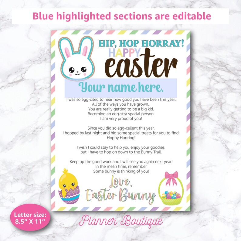 K&ouml;nnte beinhalten: Eine druckbare Osterkarte mit einem Hasen und einem K&uuml;ken. Die Karte hat ein pastellfarbenes Farbschema und sagt "Hip, Hop Hurra! Frohe Ostern" und "Liebe, Osterhase". Der Text "Dein Name hier" ist blau hervorgehoben, was bedeutet, dass er editierbar ist.