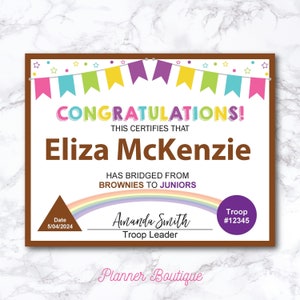 Editable Brownie to Junior Bridging Certificate for Award Bridging ...