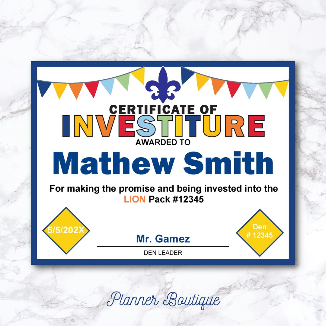 Editable Scout Certificate of Investiture Award Boy Cub Colony Pack Den ...