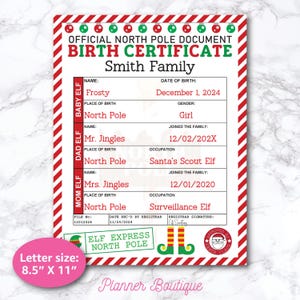 Certificato di nascita modificabile per bambini elfi, lettere, note dagli elfi, attività della scheda di presentazione gelida, documento del Polo Nord di Babbo Natale