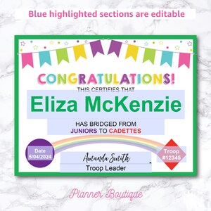 Editable Junior to Cadette Bridging Certificate for Award Bridging ...