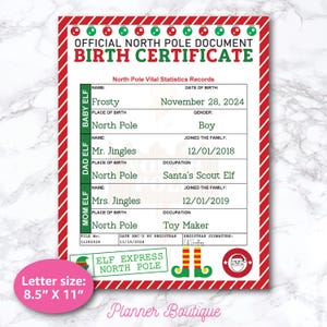 Certificado de nacimiento de elfo bebé editable Cartas Notas de los elfos Tarjeta de presentación Frosty Actividad Documento del Polo Norte de Santa Pips