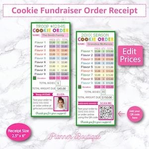 Pode incluir: Dois recibos de encomenda de biscoitos com detalhes em verde e rosa. Os recibos listam os sabores dos biscoitos, as quantidades e os totais. Um recibo é para a Tropa #12345, o outro para a temporada 20XX. Cada recibo inclui um código QR e um espaço para adicionar um código QR.
