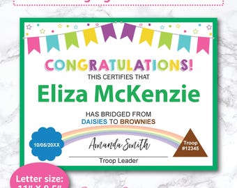 May include: A colorful bridging certificate with the text "Bridging Certificate" at the top. The certificate has a green border and includes the words "Congratulations!" and "Eliza McKenzie". It also includes the text "Letter size: 11" X 8.5" and the Planner Boutique logo.