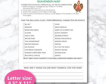 Editable Thanksgiving Day parade Scavenger Hunt Scout activity fun patch troop den leader for boys and girls Teacher Holiday Homework fun
