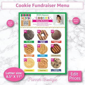 Cookie Fundraiser Menü Druckbare Preisliste mit QR-Code Event Marketing Flyer Schild Truppe Verkäufer Stand Bearbeitbar 2025 LBB ABC Baker Sales