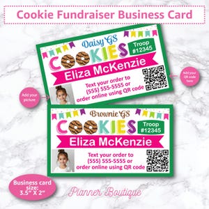 Pode incluir: Dois cartões de visita para uma angariação de fundos de biscoitos. Os cartões são verdes com detalhes em rosa e amarelo. Os cartões têm uma foto de uma menina, o nome Eliza McKenzie e o texto "Cookies". O tamanho do cartão de visita é 8,9 cm x 5,1 cm.