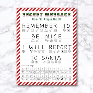 Gepersonaliseerde geheime boodschap van elf, afdrukbaar kerstwerkblad, kerstletterdecodering, wintervakantie puzzel Noordpool, direct downloaden