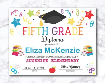 Editable Fifth Grade 5th Diploma, Printable School Diploma Certificate, School Graduation Certificate, Last day of School Achievement Award