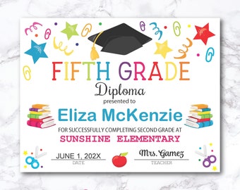 Fillable Fifth Grade 5th Diploma, Printable School Diploma Certificate, School Graduation Certificate, Last day of School Achievement Award