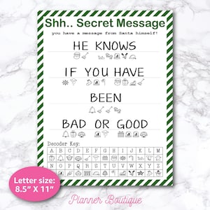 Message personnalisé Père Noël secret du décodeur de lutin Feuille de travail de l'activité de Noël, lettre décodant le message du pôle Nord à apporter par les lutins