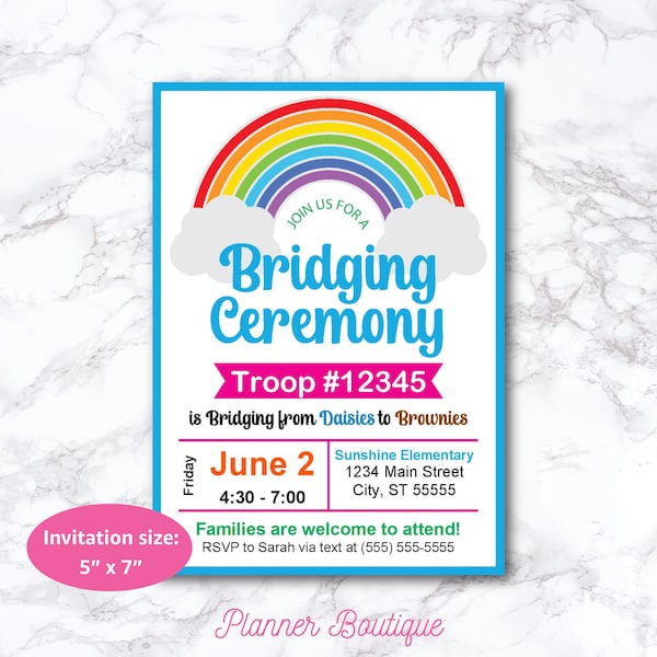 Bridging Ceremony Invitation Blue printable, Rainbow, editable, Instant download, Girl Scout Troop Leader, PDF Adobe Reader template