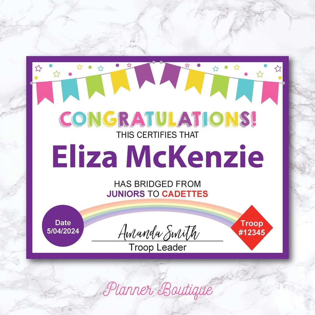 Editable Junior to Cadette Bridging Certificate for Award Bridging ...