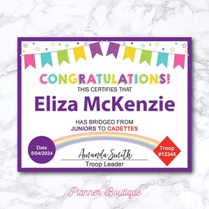 Editable Junior to Cadette Bridging Certificate for Award bridging ceremony Juniors to Cadettes Certificate Printable Girl Troop Leader