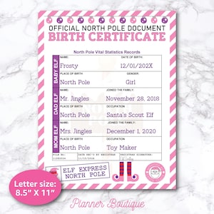 Bewerkbare geboorteakte baby-elf Brieven Notities van de elfjes Frosty Introductiekaart Activiteit Santa Pips Noordpooldocument
