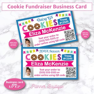 May include: Two cookie fundraiser business cards with a blue border. The cards feature the text "COOKIES", a photo, and contact information. The card size is 3.5" x 2". The top card says "Daisy GS" and the bottom card says "20XX Season".
