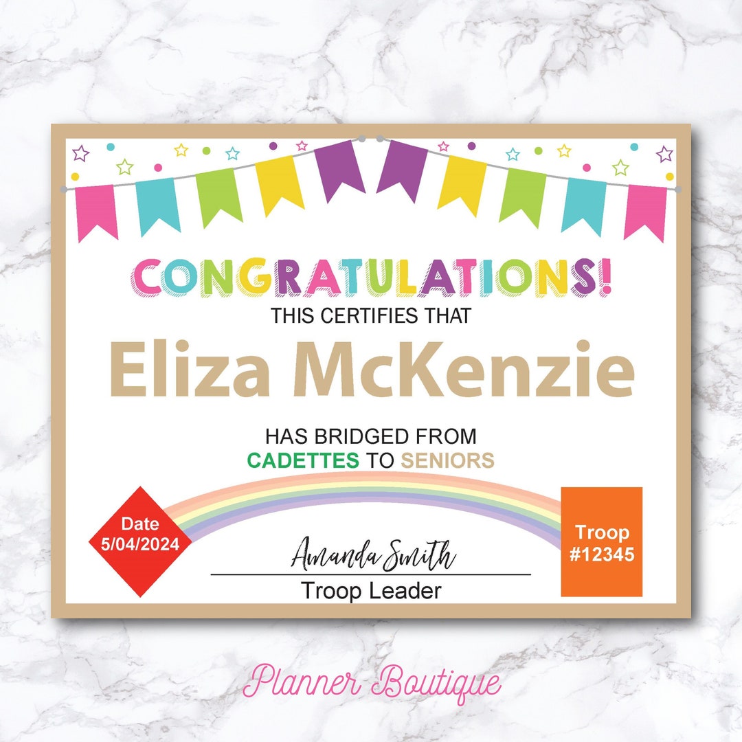 Editable Cadette to Senior Bridging Certificate for Award Bridging ...