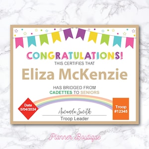 Editable Cadette to Senior Bridging Certificate for Award bridging ceremony Cadettes to Seniors Certificate Printable Girl Troop Leader