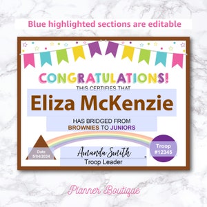 Editable Brownie to Junior Bridging Certificate for Award Bridging ...