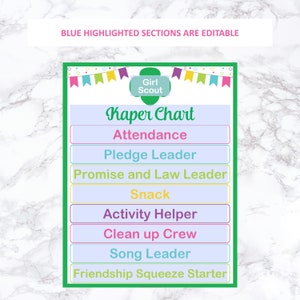 Editable Girl Scout Kaper Chart and Rules Template With Name Labels, Printable Troop Meeting ...