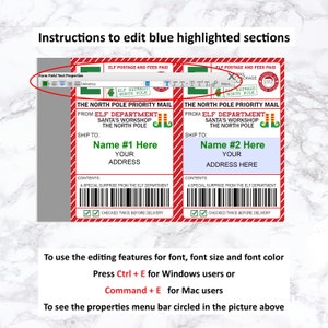 May include: Two red and white North Pole Priority Mail labels with elf illustrations. The labels have editable fields for "Name #1 Here", "Your Address", and "Name #2 Here", "Your Address Here".