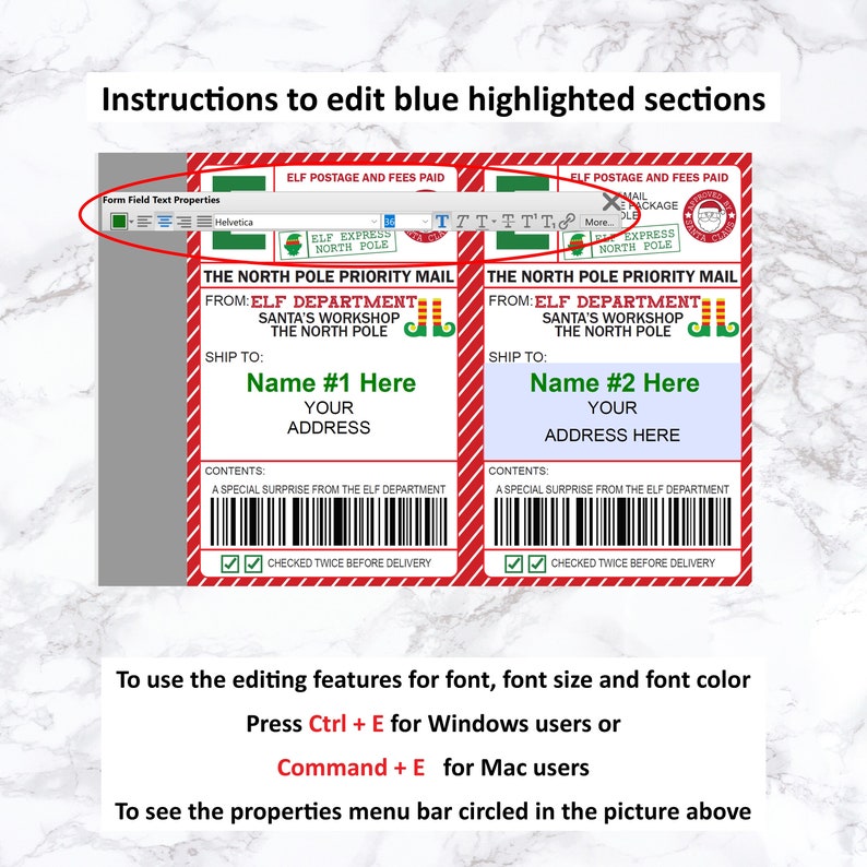 May include: Two red and white North Pole Priority Mail labels with elf illustrations. The labels have editable fields for "Name #1 Here", "Your Address", and "Name #2 Here", "Your Address Here".