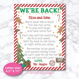 May include: A Christmas-themed letter with the words "WE'RE BACK!" in green and red. The letter includes a poem, gingerbread men, a Christmas tree, and the words "Eliza and John". The letter size is 21.6 cm x 27.9 cm.