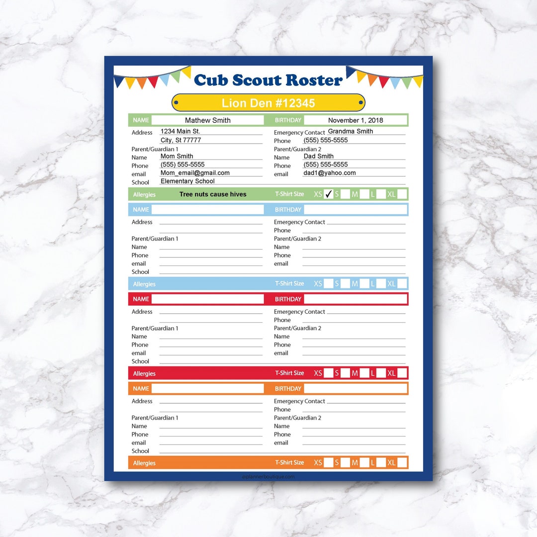 Cub Scout Den Leader Roster, Printable, Fillable, Editable ...