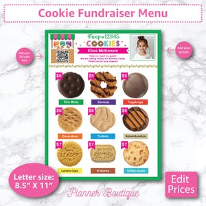 Menu de arrecadação de fundos de biscoitos Lista de preços para impressão com código QR Placa de panfleto de marketing de eventos Estande de vendedor de tropas editável 2025 LBB ABC Baker Sales
