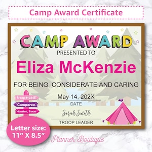 Certificado de Prêmio de Acampamento para Imprimir para Tropa de Meninas, Lembrança de Acampamento de Verão, Álbum de Recortes, Líder Conselheira, Download Instantâneo, Personalizado e Preenchável