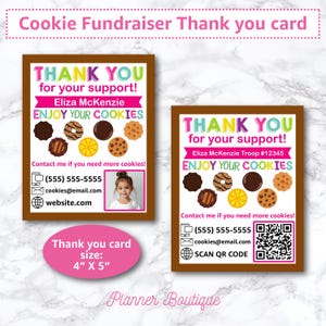 Cookie Fundraiser Dankeschön-Karte Notiz Stand Lieferung Quittung Bearbeitbar mit QR-Code Girl Marketing Schild Scout Truppeführer Wiederverwendbar