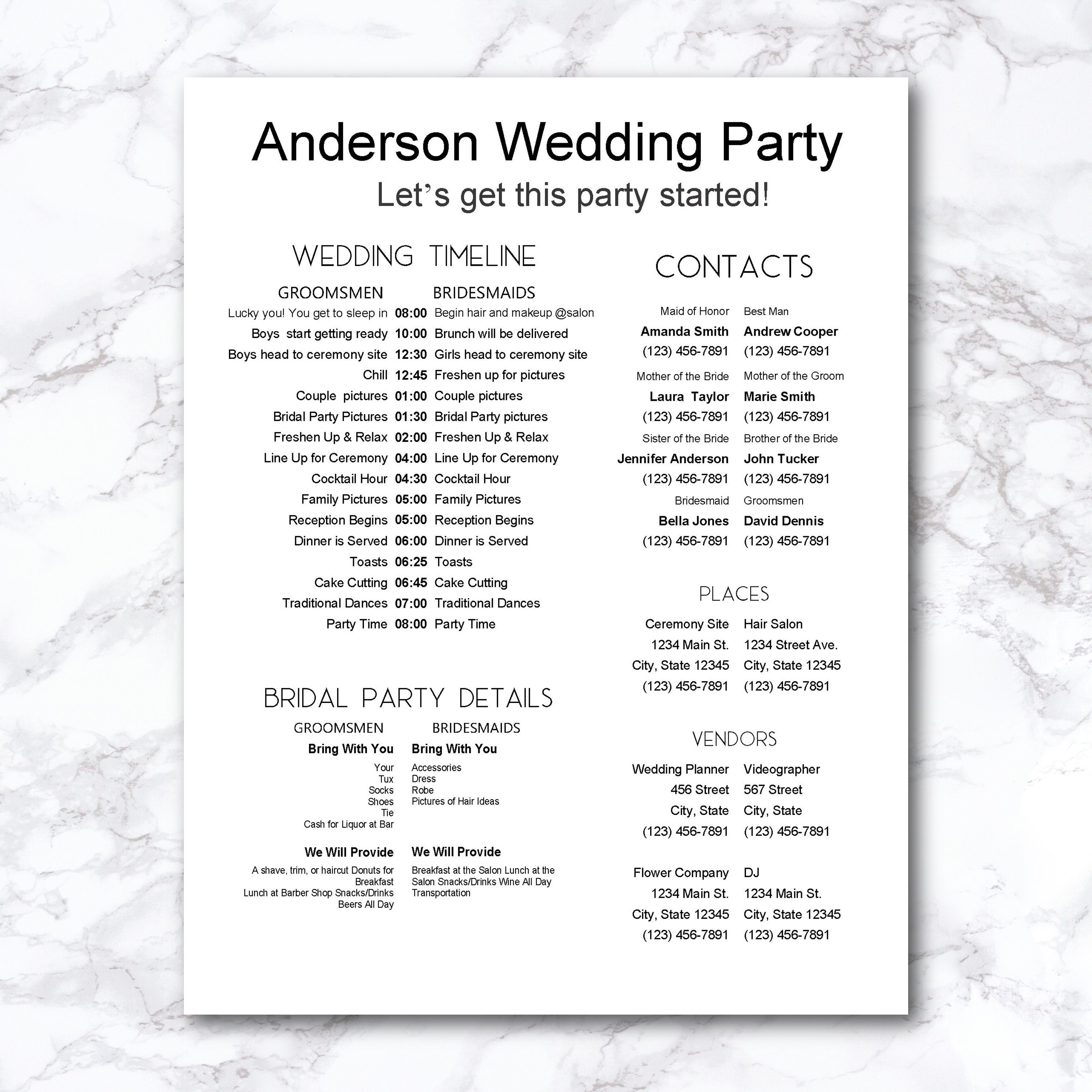 Editable Wedding Day Timeline Bridal Party Itinerary Template Details 