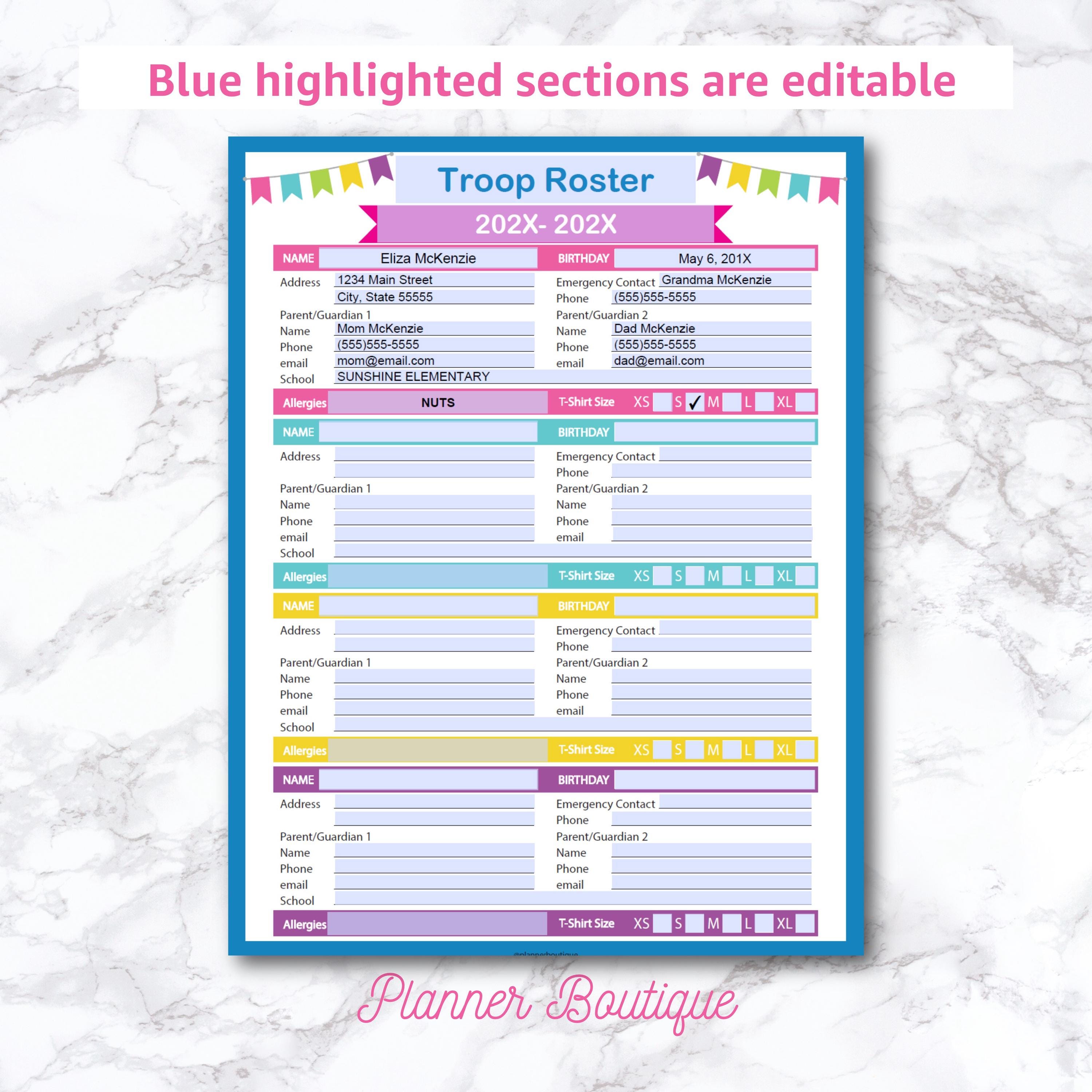 Roster Sheet: Fillable Troop Leader Planner, Teacher Classroom Insert ...