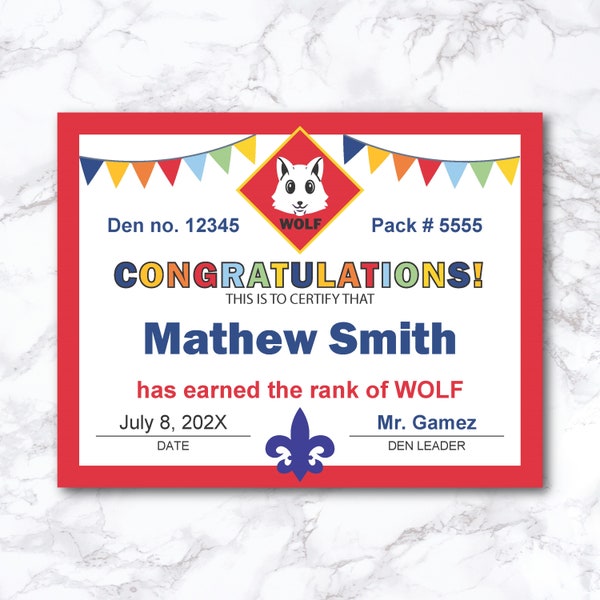 Cub Scout Wolf Certificate - Etsy